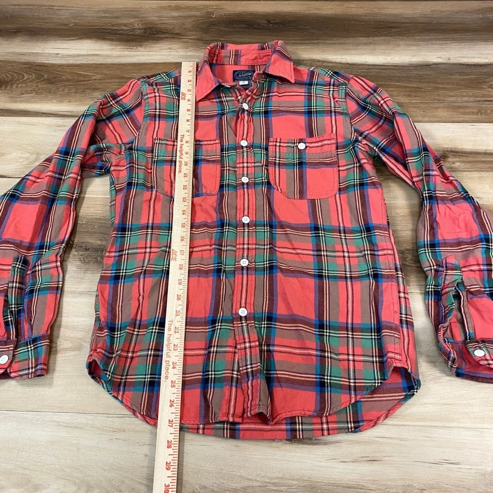J. Crew‎ Flannel Shirt Mens Small Sportsmen's Outfitter Plaid Salmon Pink Green